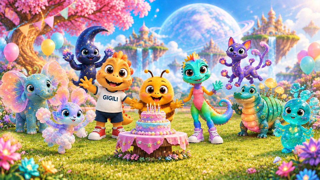 Gigili, Boombi, Gingal and six friends at a birthday party with balloons and a pastel cake